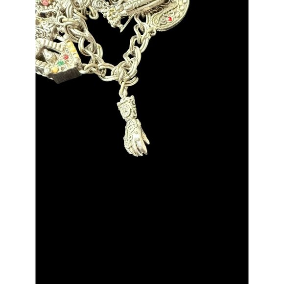 Vintage Silver-Tone Link Chain 9 Filigree Gem Charm Bracelet 7.5” - Picture 11 of 14